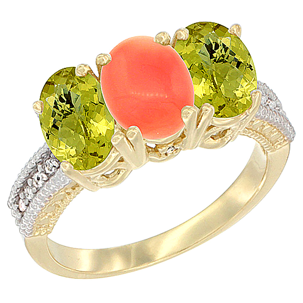 14K Yellow Gold Natural Coral Ring with Lemon Quartz 3-Stone 7x5 mm Oval Diamond Accent, sizes 5 - 10