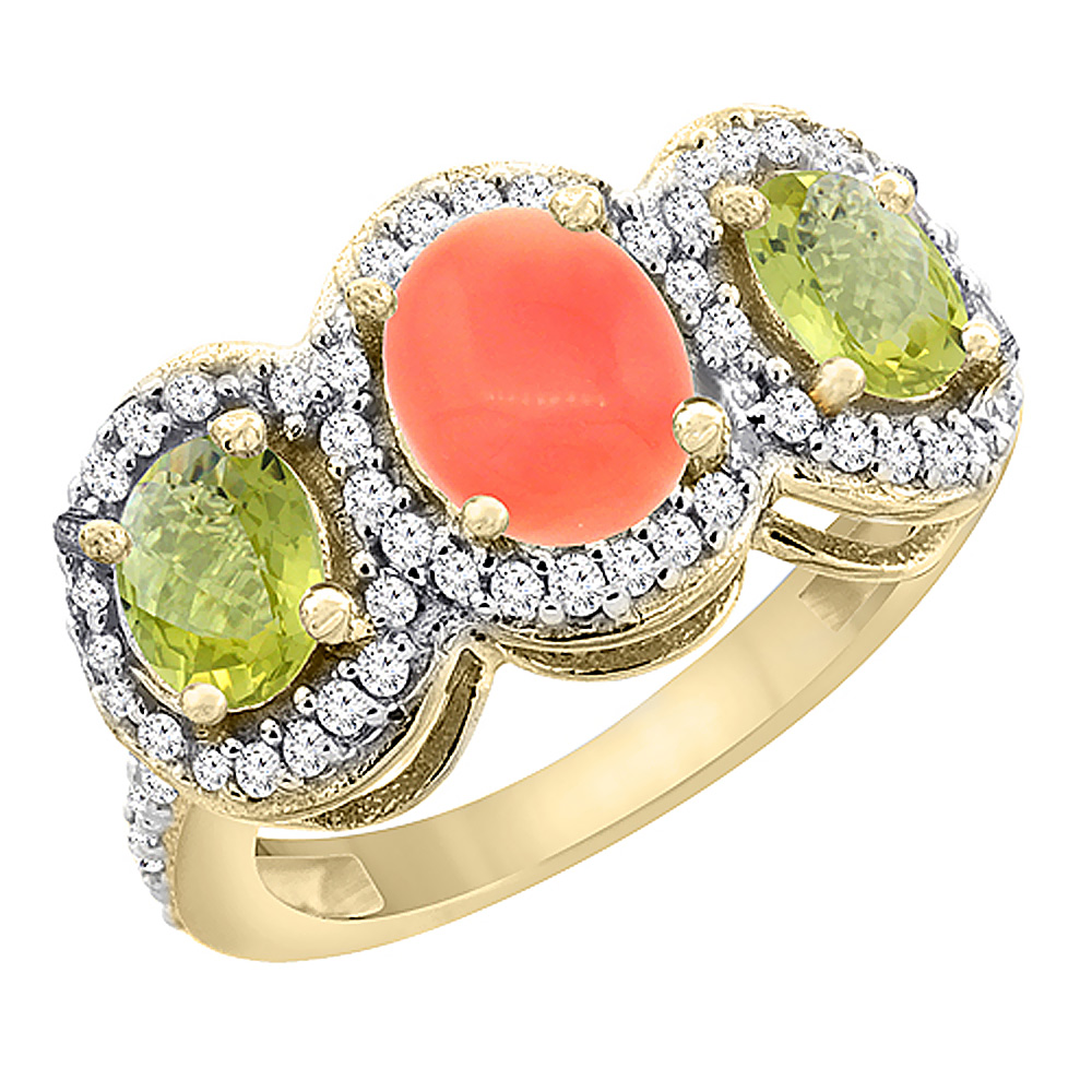 10K Yellow Gold Natural Coral & Lemon Quartz 3-Stone Ring Oval Diamond Accent, sizes 5 - 10