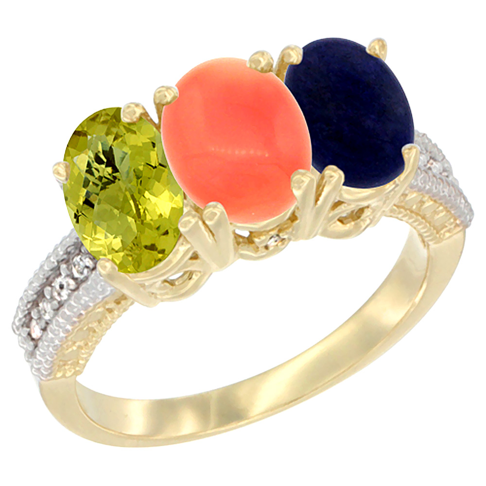 14K Yellow Gold Natural Lemon Quartz, Coral Ring with Lapis Ring 3-Stone 7x5 mm Oval Diamond Accent, sizes 5 - 10