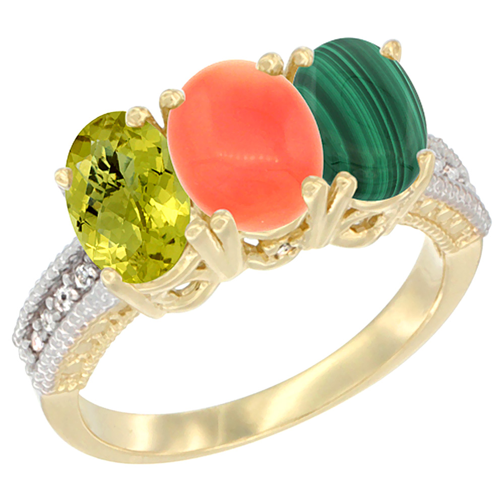 14K Yellow Gold Natural Lemon Quartz, Coral Ring with Malachite Ring 3-Stone 7x5 mm Oval Diamond Accent, sizes 5 - 10