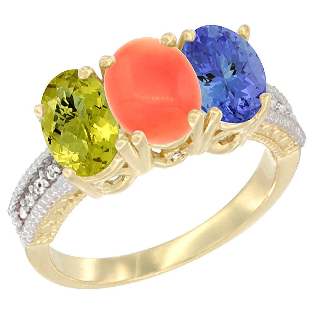 14K Yellow Gold Natural Lemon Quartz, Coral Ring with Tanzanite Ring 3-Stone 7x5 mm Oval Diamond Accent, sizes 5 - 10