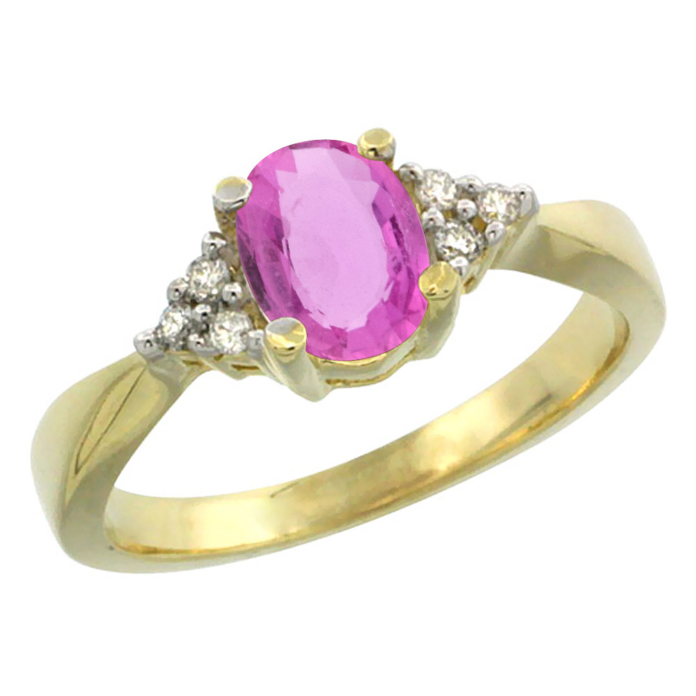 10K Yellow Gold Diamond Natural Pink Sapphire Engagement Ring Oval 7x5mm, sizes 5-10