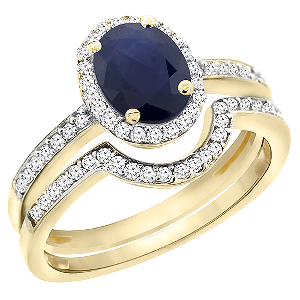 14K Yellow Gold Diamond Natural Australian Sapphire 2-Pc. Engagement Ring Set Oval 8x6 mm, sizes 5 - 10