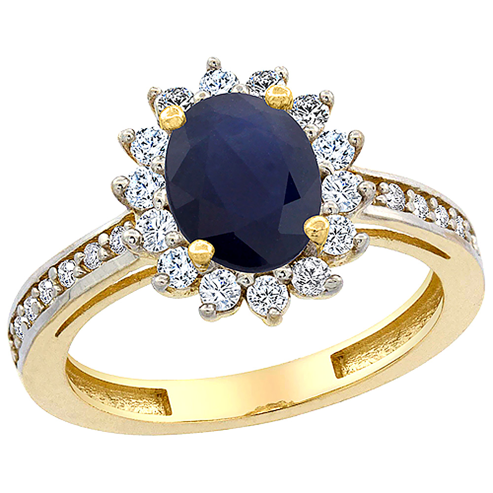 10K Yellow Gold Natural Australian Sapphire Floral Halo Ring Oval 8x6mm Diamond Accents, sizes 5 - 10