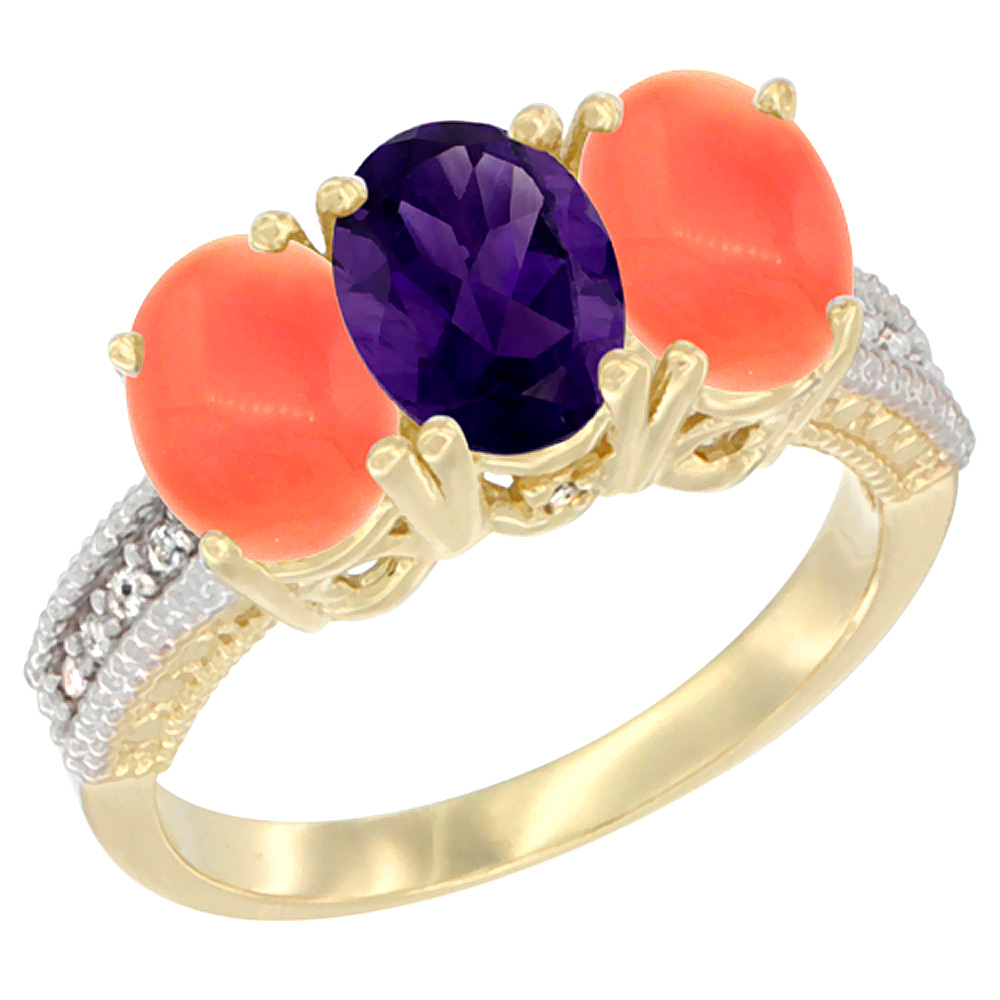 14K Yellow Gold Natural Amethyst Ring with Coral 3-Stone 7x5 mm Oval Diamond Accent, sizes 5 - 10