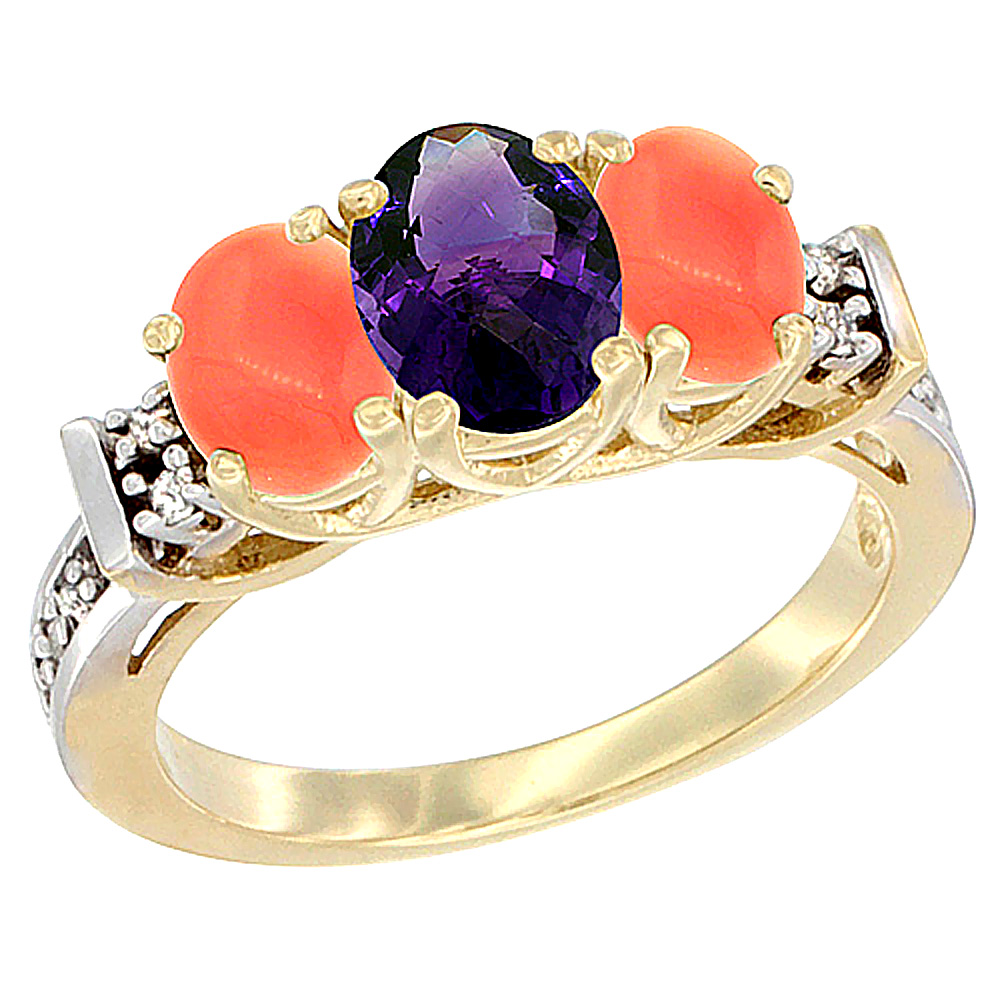 14K Yellow Gold Natural Amethyst &amp; Coral Ring 3-Stone Oval Diamond Accent
