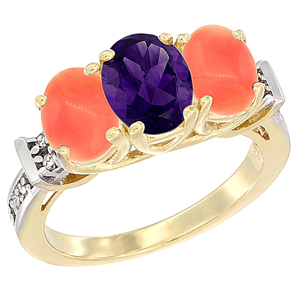 10K Yellow Gold Natural Amethyst & Coral Sides Ring 3-Stone Oval Diamond Accent, sizes 5 - 10