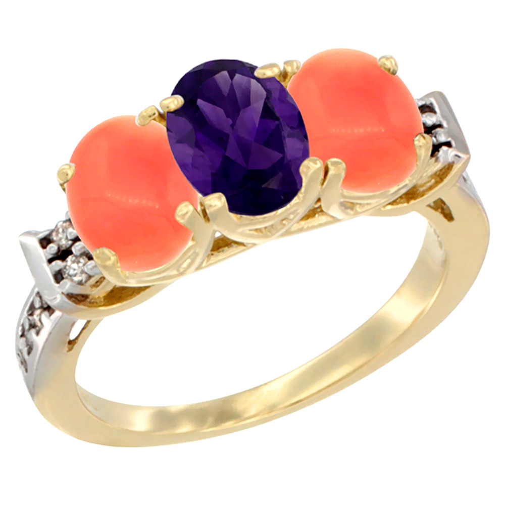 14K Yellow Gold Natural Amethyst &amp; Coral Ring 3-Stone 7x5 mm Oval Diamond Accent, sizes 5 - 10