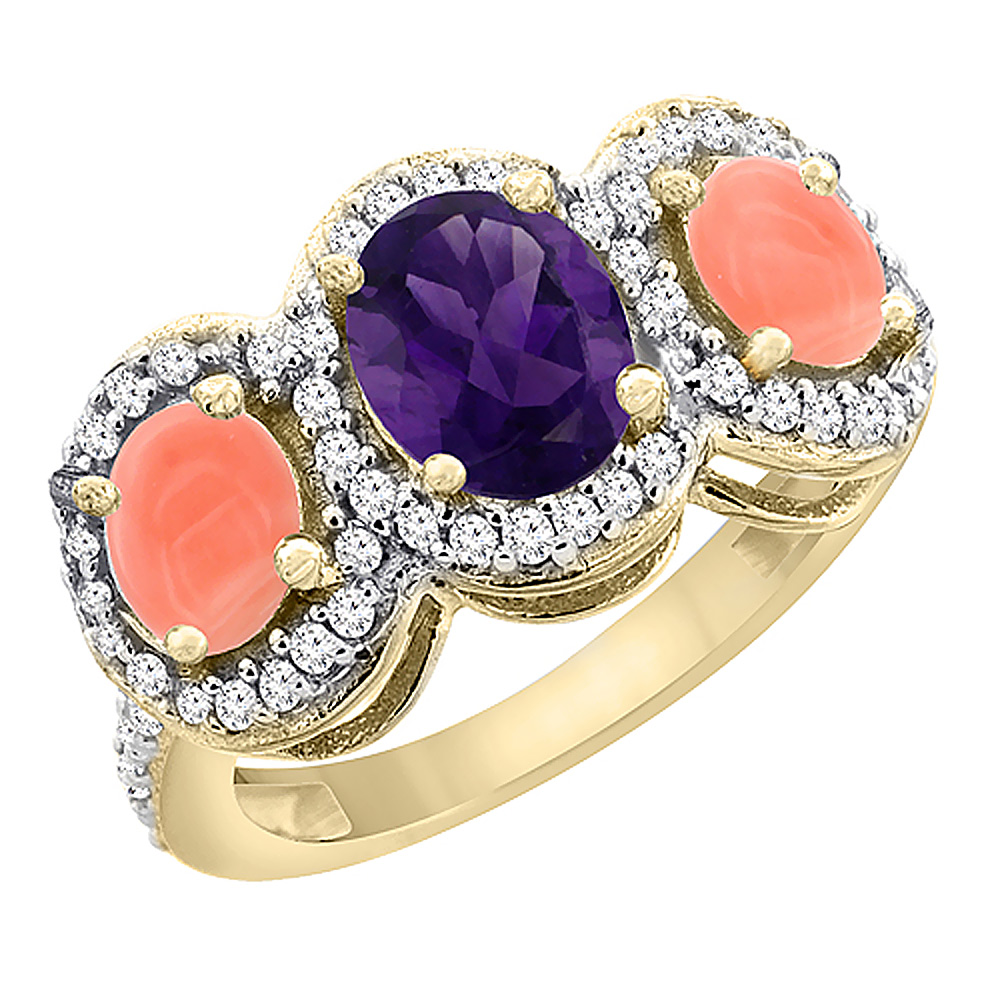10K Yellow Gold Natural Amethyst & Coral 3-Stone Ring Oval Diamond Accent, sizes 5 - 10