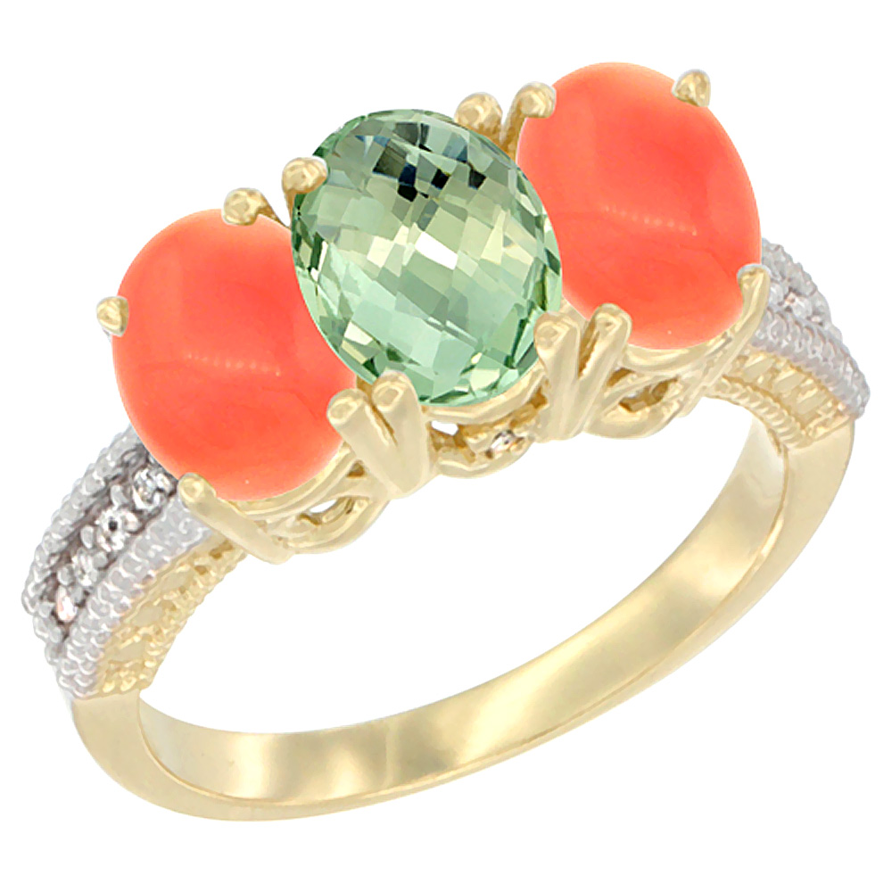 14K Yellow Gold Natural Green Amethyst Ring with Coral 3-Stone 7x5 mm Oval Diamond Accent, sizes 5 - 10