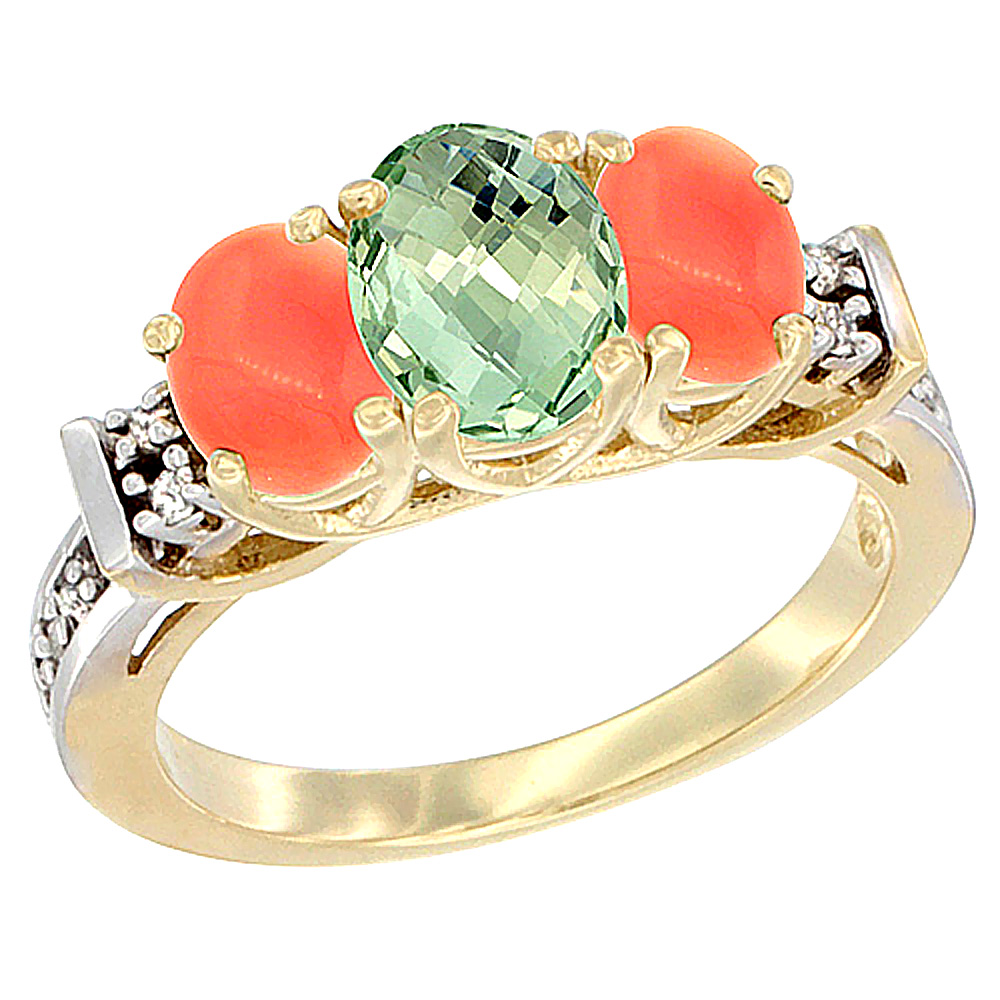 14K Yellow Gold Natural Green Amethyst & Coral Ring 3-Stone Oval Diamond Accent
