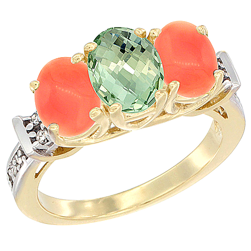 10K Yellow Gold Natural Green Amethyst & Coral Sides Ring 3-Stone Oval Diamond Accent, sizes 5 - 10