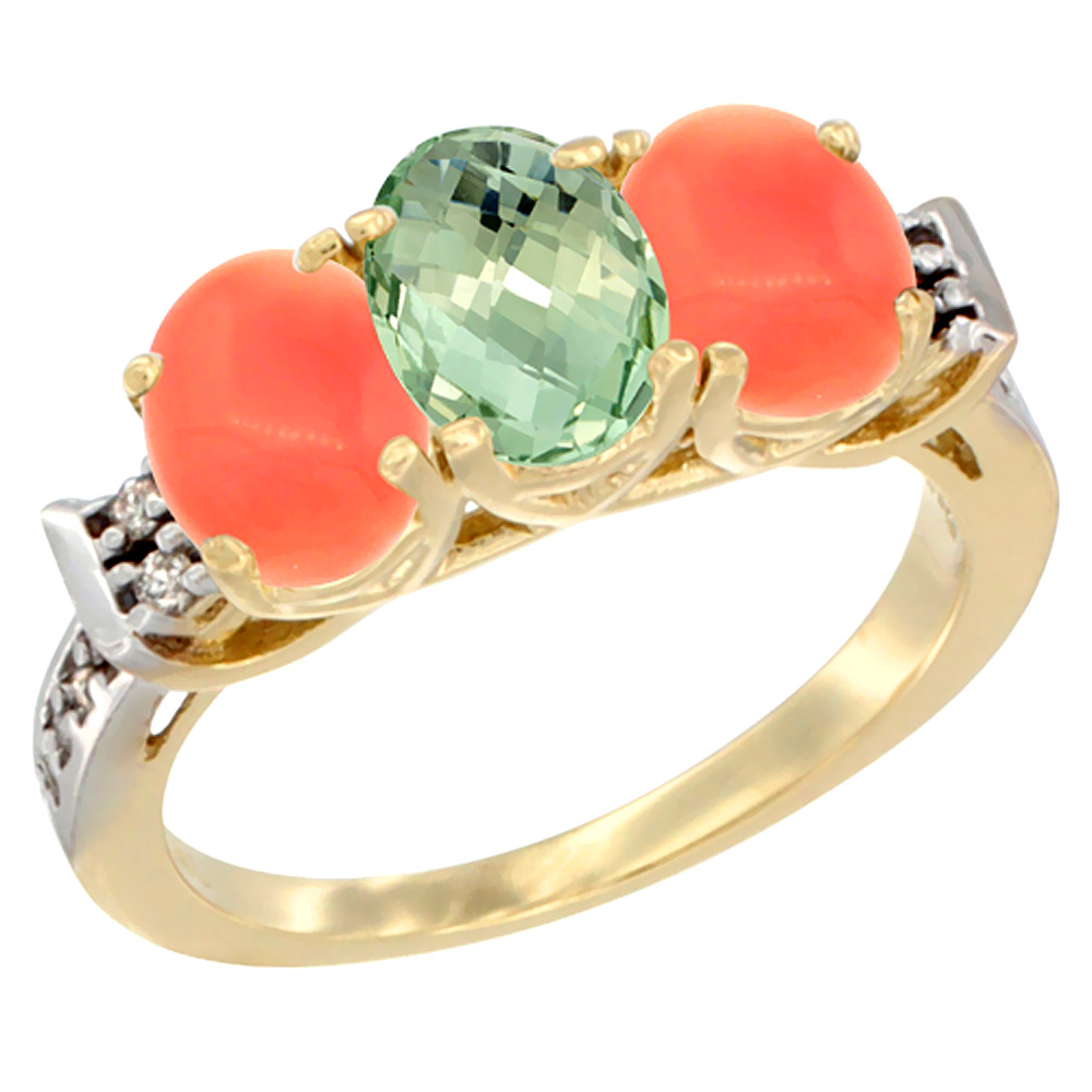 10K Yellow Gold Natural Green Amethyst & Coral Sides Ring 3-Stone Oval 7x5 mm Diamond Accent, sizes 5 - 10