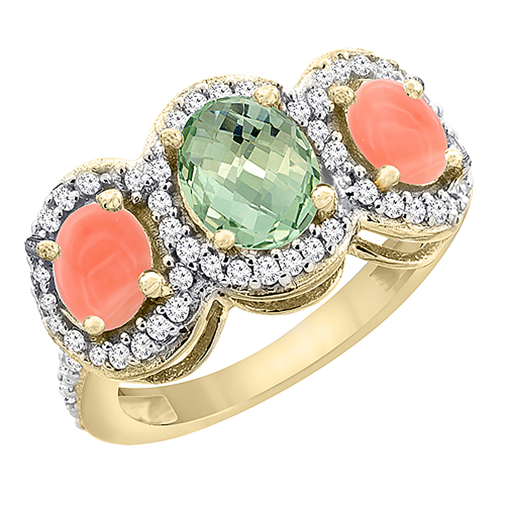 10K Yellow Gold Natural Green Amethyst &amp; Coral 3-Stone Ring Oval Diamond Accent, sizes 5 - 10
