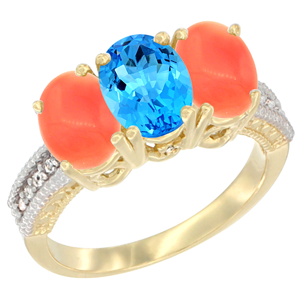 14K Yellow Gold Natural Swiss Blue Topaz Ring with Coral 3-Stone 7x5 mm Oval Diamond Accent, sizes 5 - 10