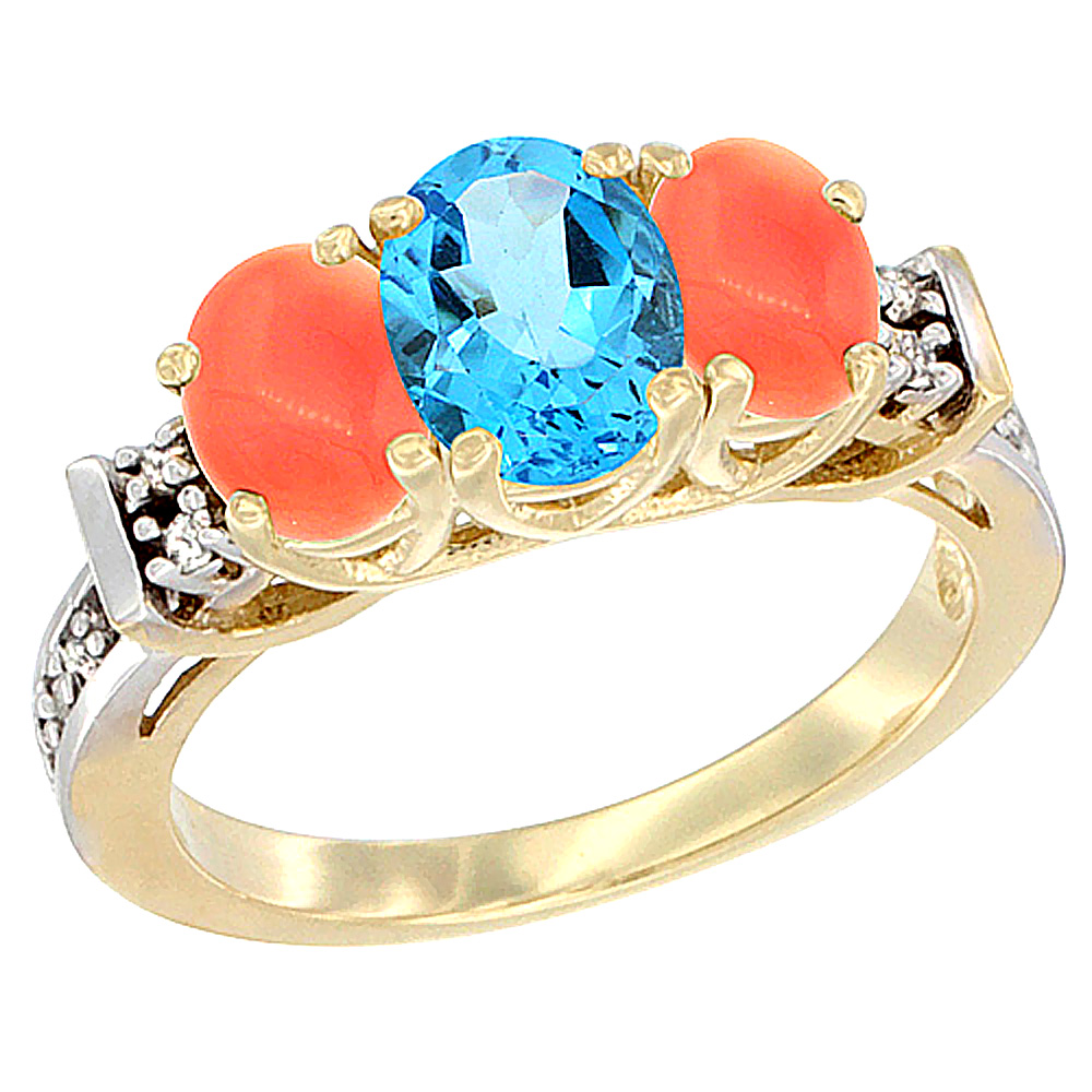 14K Yellow Gold Natural Swiss Blue Topaz & Coral Ring 3-Stone Oval Diamond Accent