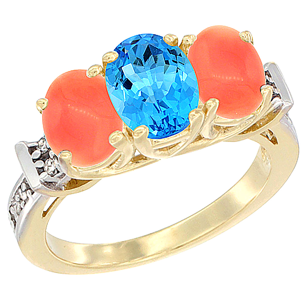 10K Yellow Gold Natural Swiss Blue Topaz &amp; Coral Sides Ring 3-Stone Oval Diamond Accent, sizes 5 - 10