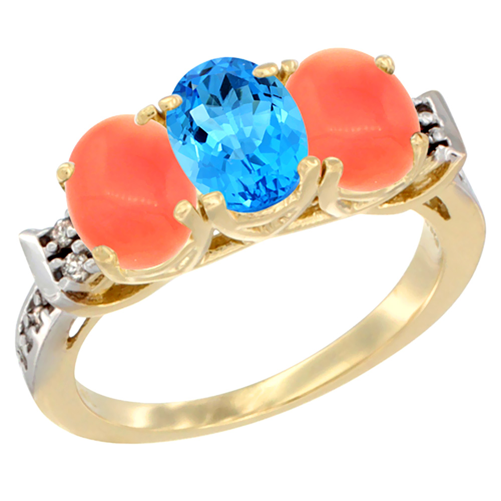 10K Yellow Gold Natural Swiss Blue Topaz & Coral Sides Ring 3-Stone Oval 7x5 mm Diamond Accent, sizes 5 - 10