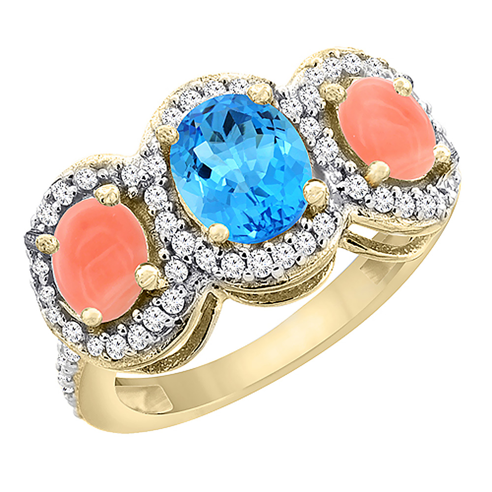 10K Yellow Gold Natural Swiss Blue Topaz &amp; Coral 3-Stone Ring Oval Diamond Accent, sizes 5 - 10
