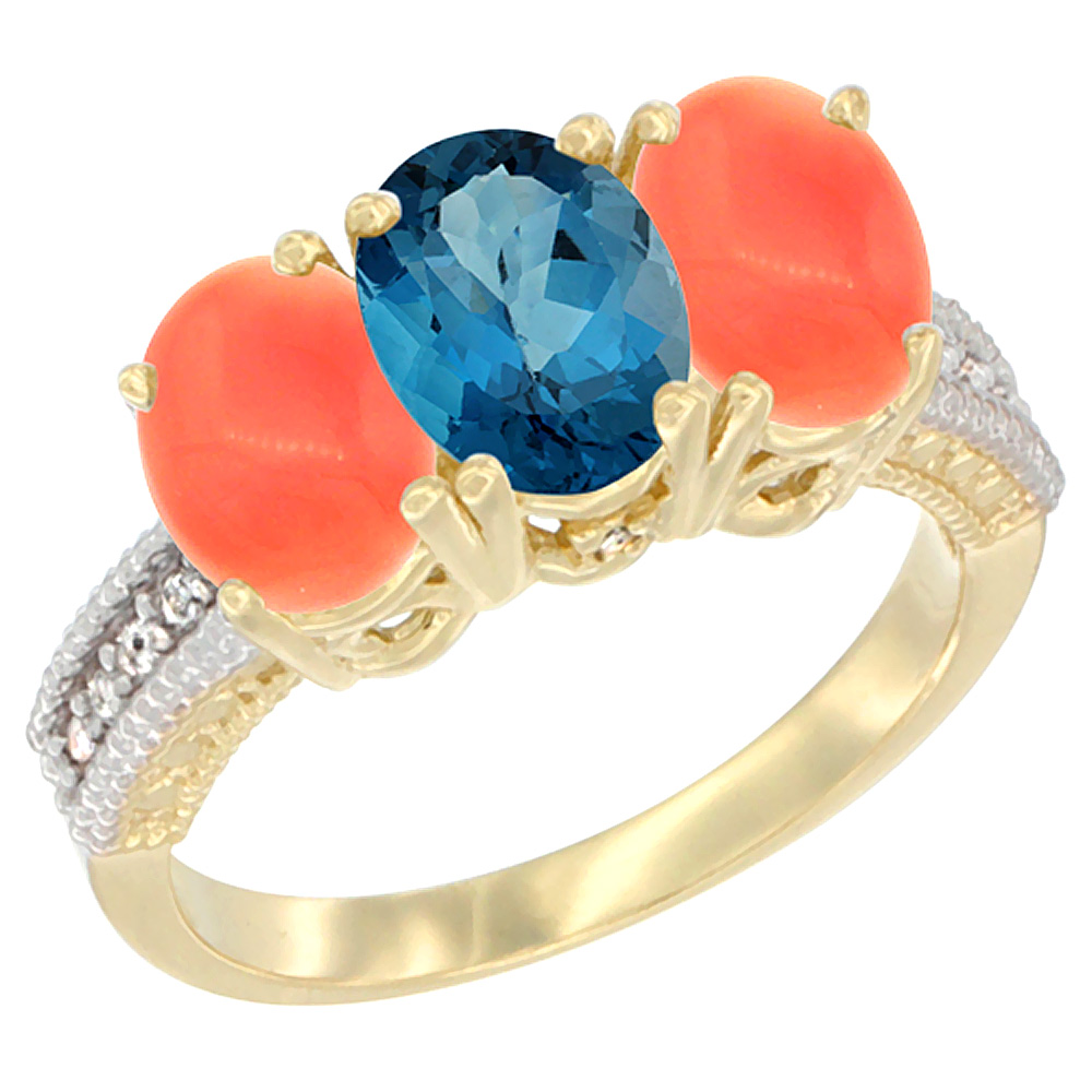 10K Yellow Gold Diamond Natural London Blue Topaz &amp; Coral Ring 3-Stone 7x5 mm Oval, sizes 5 - 10