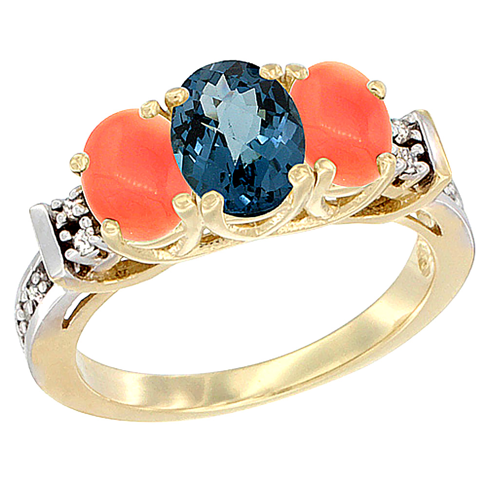 14K Yellow Gold Natural London Blue Topaz & Coral Ring 3-Stone Oval Diamond Accent