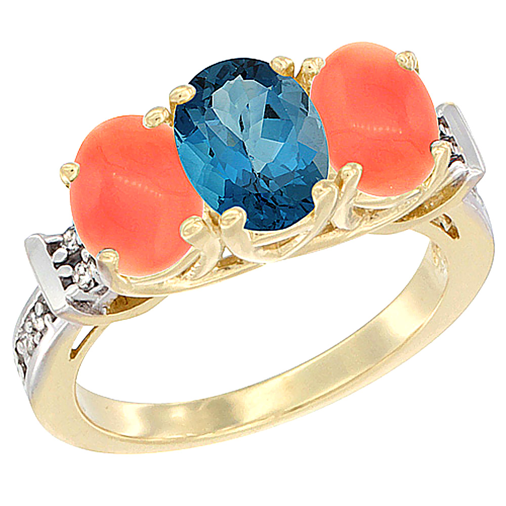 14K Yellow Gold Natural London Blue Topaz & Coral Sides Ring 3-Stone Oval Diamond Accent, sizes 5 - 10