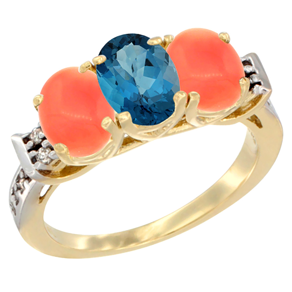 10K Yellow Gold Natural London Blue Topaz & Coral Sides Ring 3-Stone Oval 7x5 mm Diamond Accent, sizes 5 - 10