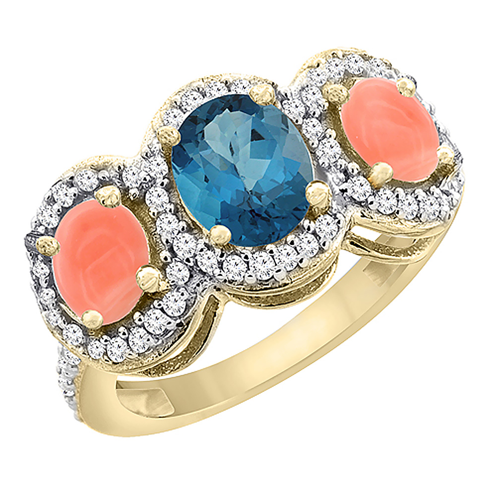 10K Yellow Gold Natural London Blue Topaz &amp; Coral 3-Stone Ring Oval Diamond Accent, sizes 5 - 10