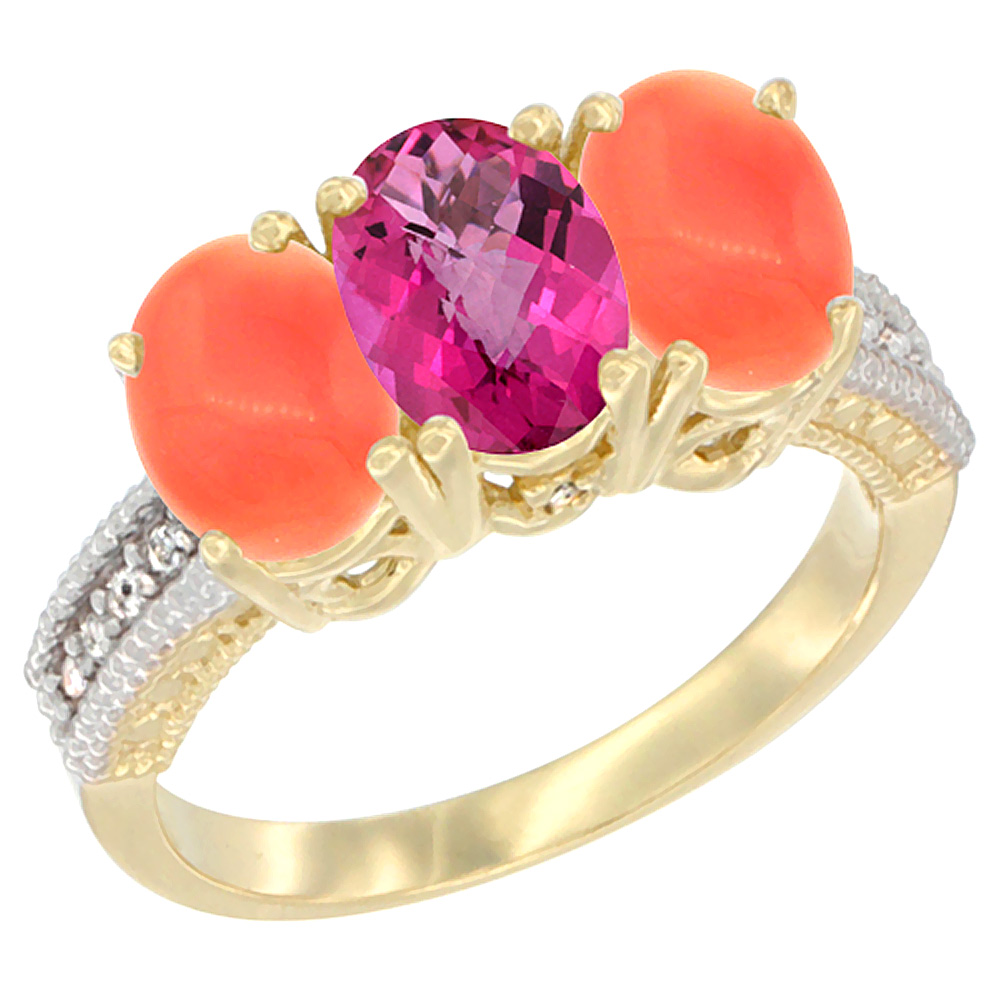 10K Yellow Gold Diamond Natural Pink Topaz &amp; Coral Ring 3-Stone 7x5 mm Oval, sizes 5 - 10