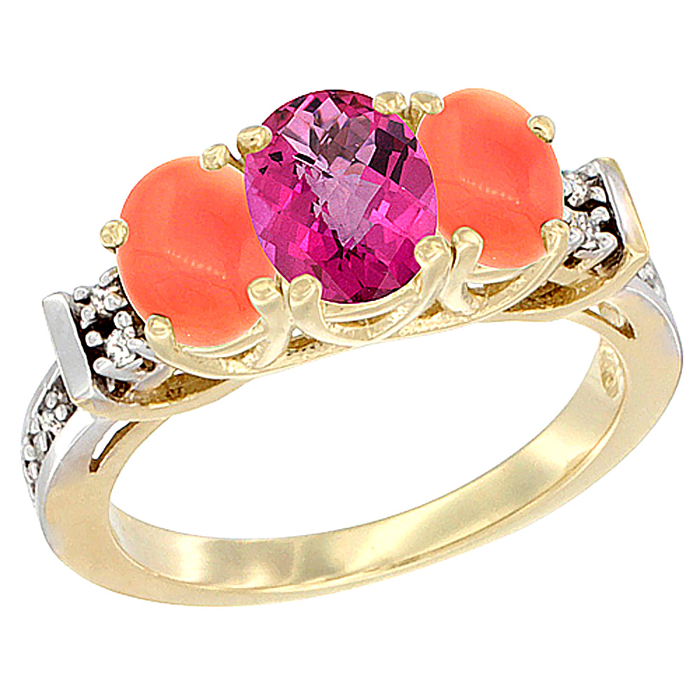 14K Yellow Gold Natural Pink Topaz & Coral Ring 3-Stone Oval Diamond Accent