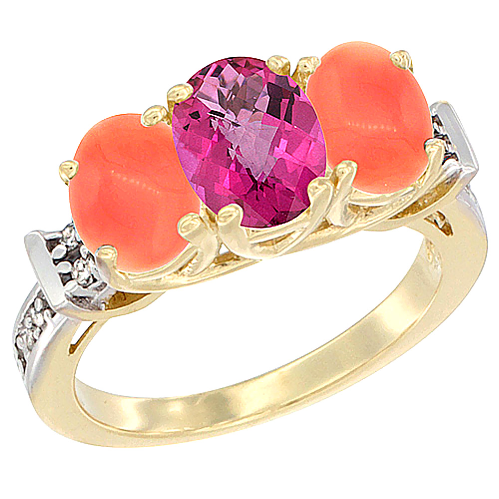 10K Yellow Gold Natural Pink Topaz & Coral Sides Ring 3-Stone Oval Diamond Accent, sizes 5 - 10
