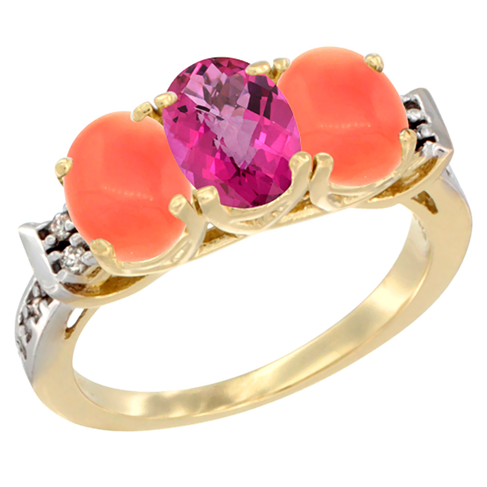 14K Yellow Gold Natural Pink Topaz & Coral Ring 3-Stone 7x5 mm Oval Diamond Accent, sizes 5 - 10