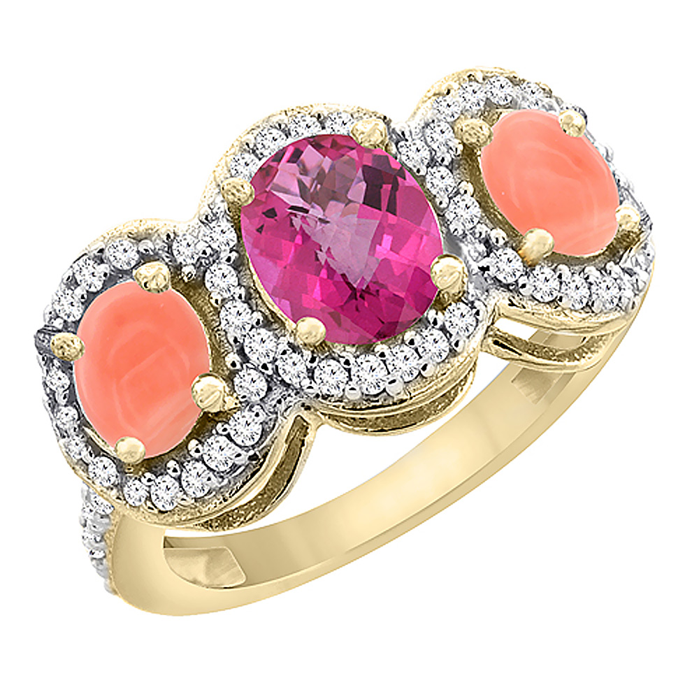 14K Yellow Gold Natural Pink Sapphire &amp; Coral 3-Stone Ring Oval Diamond Accent, sizes 5 - 10