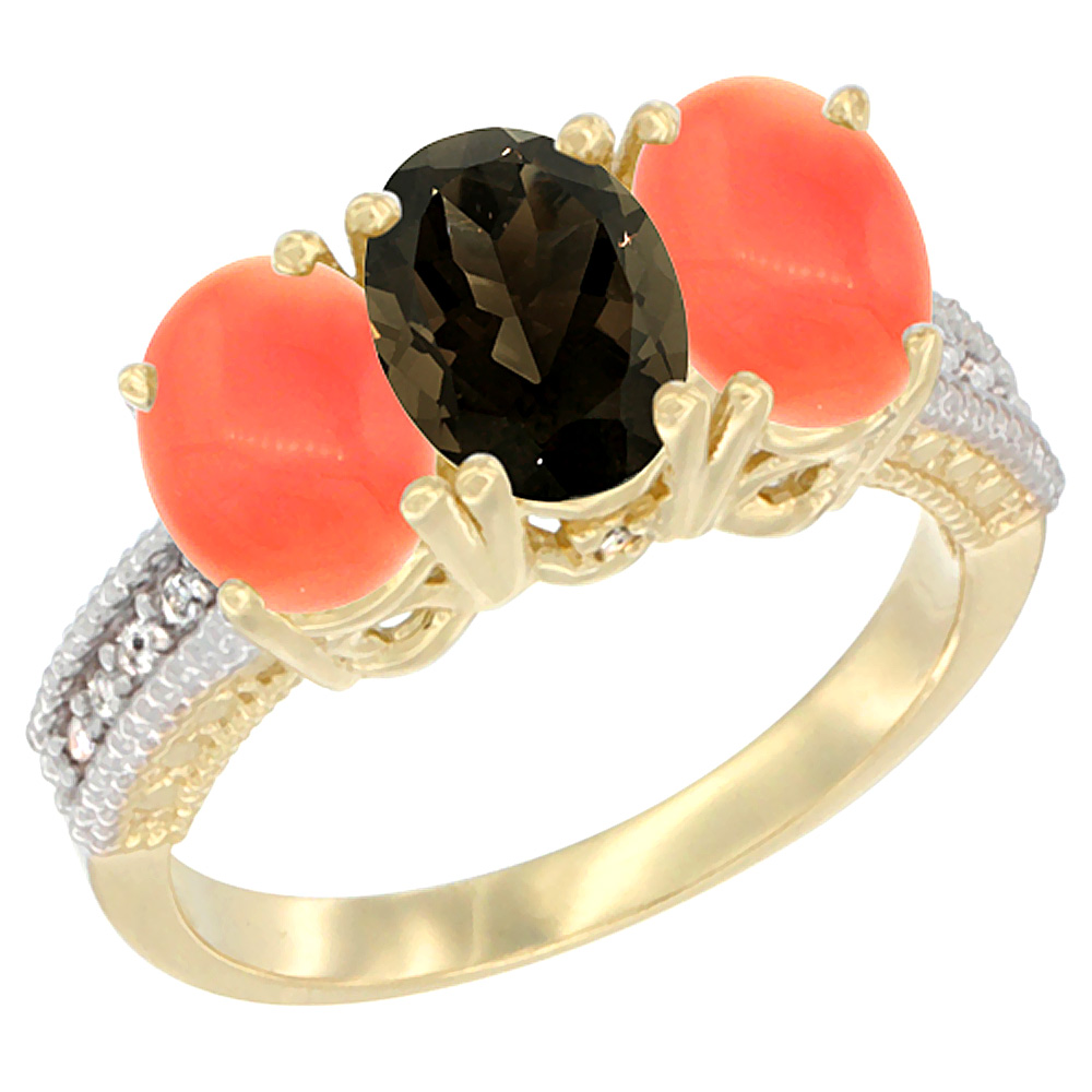 14K Yellow Gold Natural Smoky Topaz Ring with Coral 3-Stone 7x5 mm Oval Diamond Accent, sizes 5 - 10