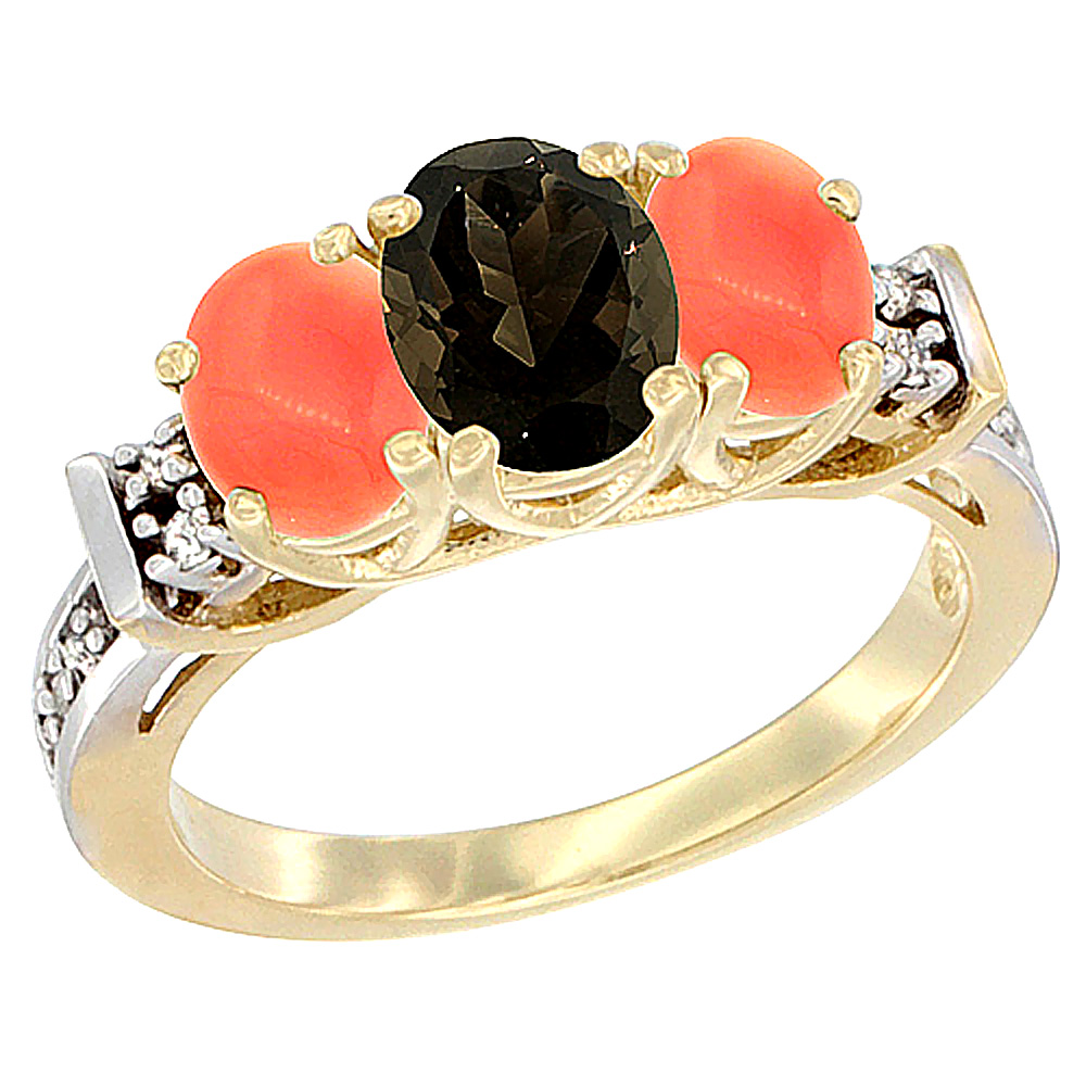 14K Yellow Gold Natural Smoky Topaz & Coral Ring 3-Stone Oval Diamond Accent