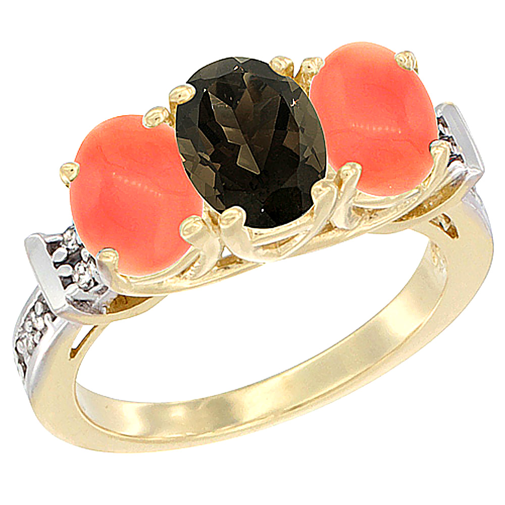 14K Yellow Gold Natural Smoky Topaz & Coral Sides Ring 3-Stone Oval Diamond Accent, sizes 5 - 10