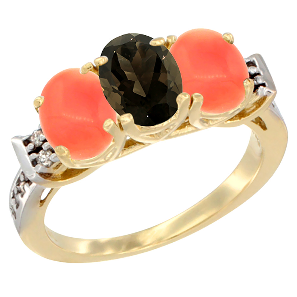 14K Yellow Gold Natural Smoky Topaz & Coral Ring 3-Stone 7x5 mm Oval Diamond Accent, sizes 5 - 10