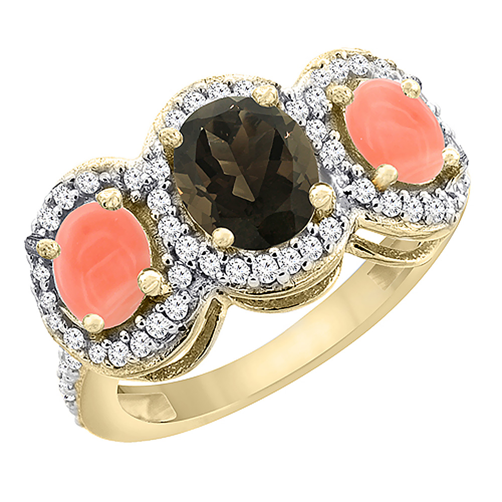 10K Yellow Gold Natural Smoky Topaz &amp; Coral 3-Stone Ring Oval Diamond Accent, sizes 5 - 10