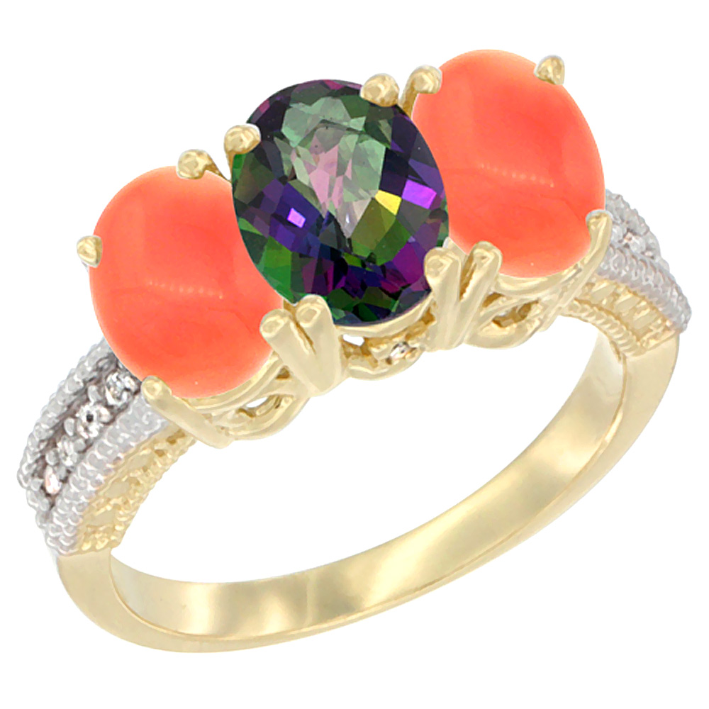 14K Yellow Gold Natural Mystic Topaz Ring with Coral 3-Stone 7x5 mm Oval Diamond Accent, sizes 5 - 10
