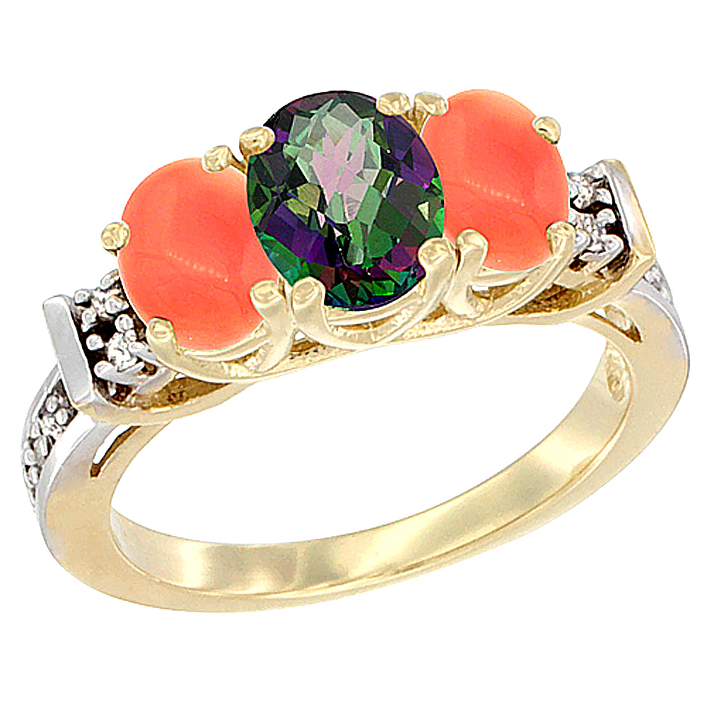 14K Yellow Gold Natural Mystic Topaz & Coral Ring 3-Stone Oval Diamond Accent