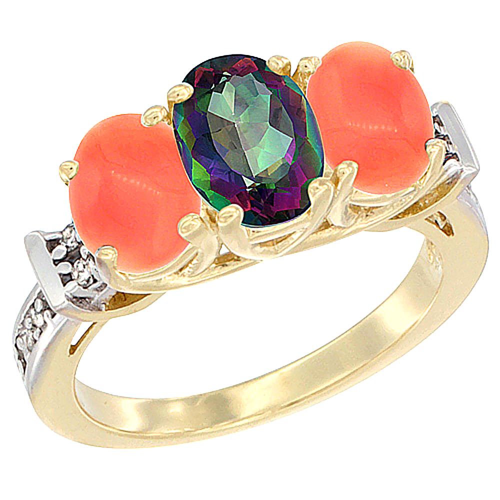 10K Yellow Gold Natural Mystic Topaz &amp; Coral Sides Ring 3-Stone Oval Diamond Accent, sizes 5 - 10