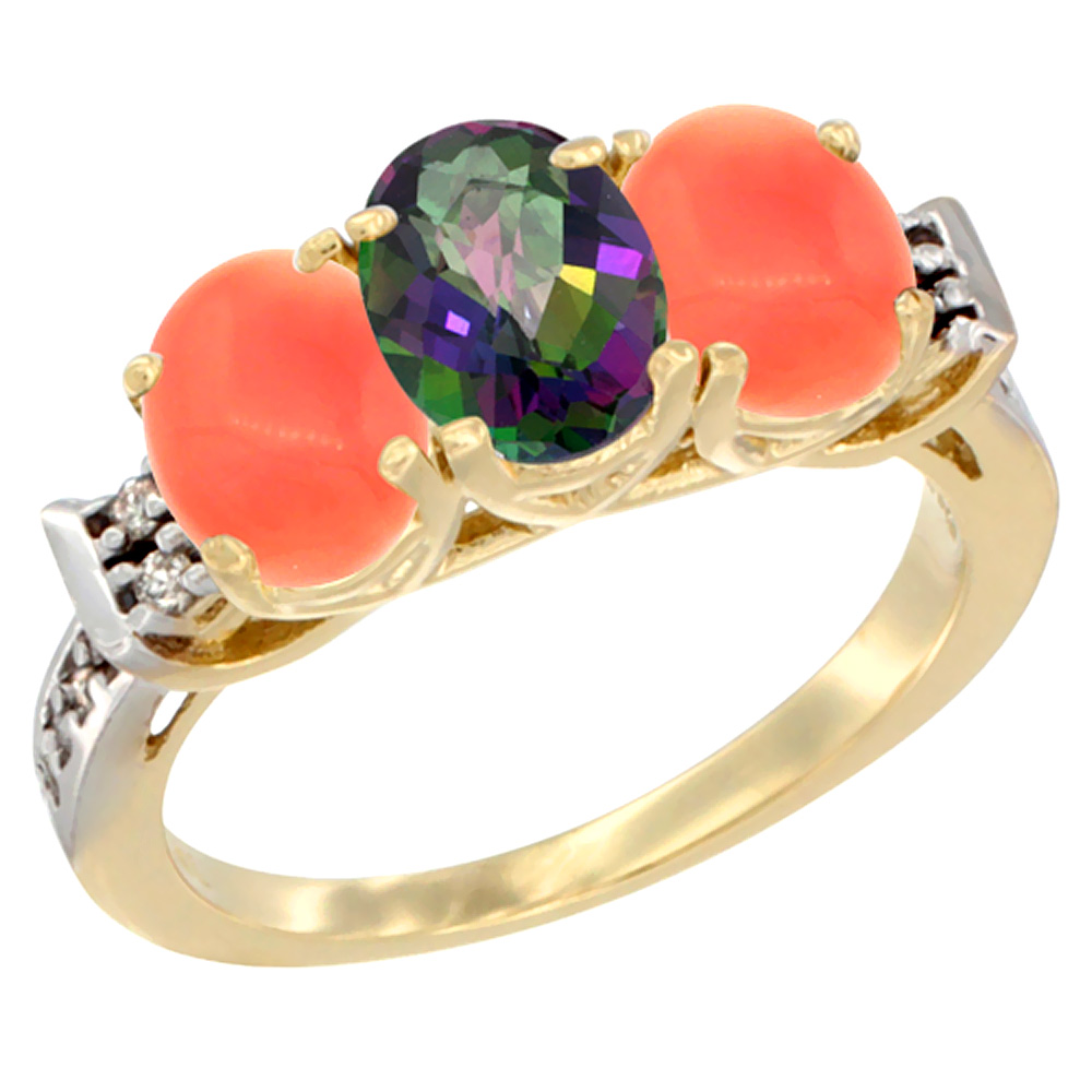 10K Yellow Gold Natural Mystic Topaz & Coral Sides Ring 3-Stone Oval 7x5 mm Diamond Accent, sizes 5 - 10