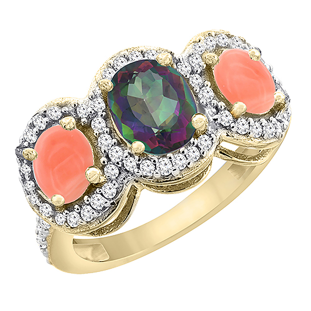 14K Yellow Gold Natural Mystic Topaz &amp; Coral 3-Stone Ring Oval Diamond Accent, sizes 5 - 10