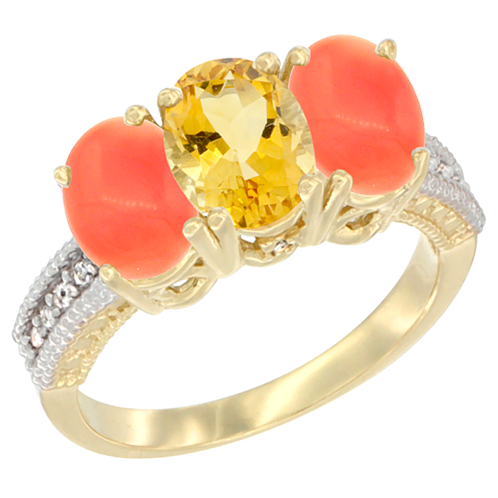 14K Yellow Gold Natural Citrine Ring with Coral 3-Stone 7x5 mm Oval Diamond Accent, sizes 5 - 10