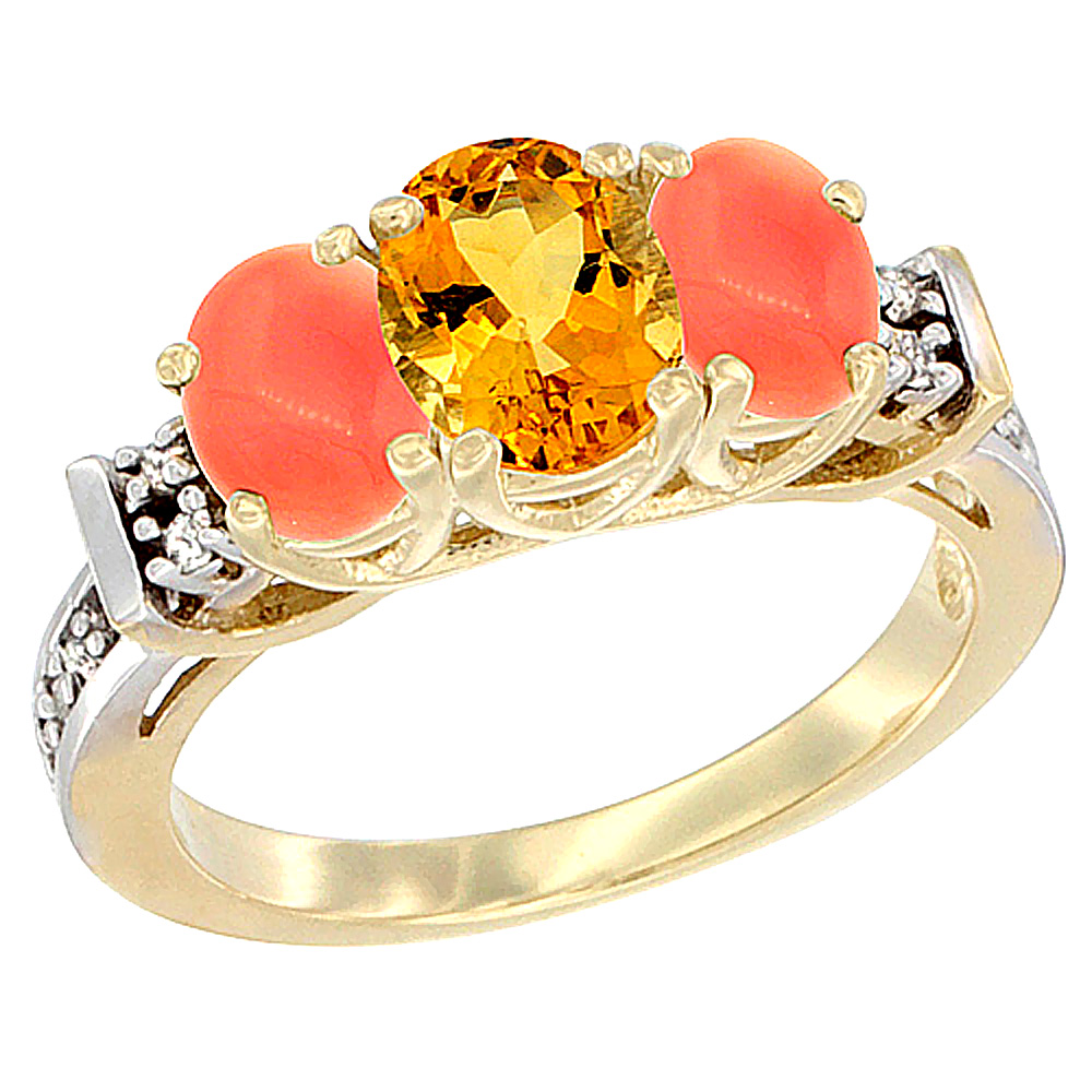 14K Yellow Gold Natural Citrine & Coral Ring 3-Stone Oval Diamond Accent
