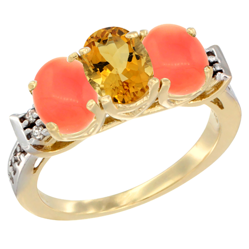 14K Yellow Gold Natural Citrine &amp; Coral Ring 3-Stone 7x5 mm Oval Diamond Accent, sizes 5 - 10