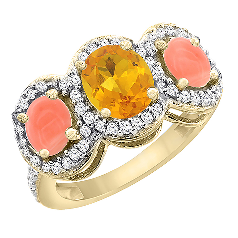 14K Yellow Gold Natural Citrine & Coral 3-Stone Ring Oval Diamond Accent, sizes 5 - 10