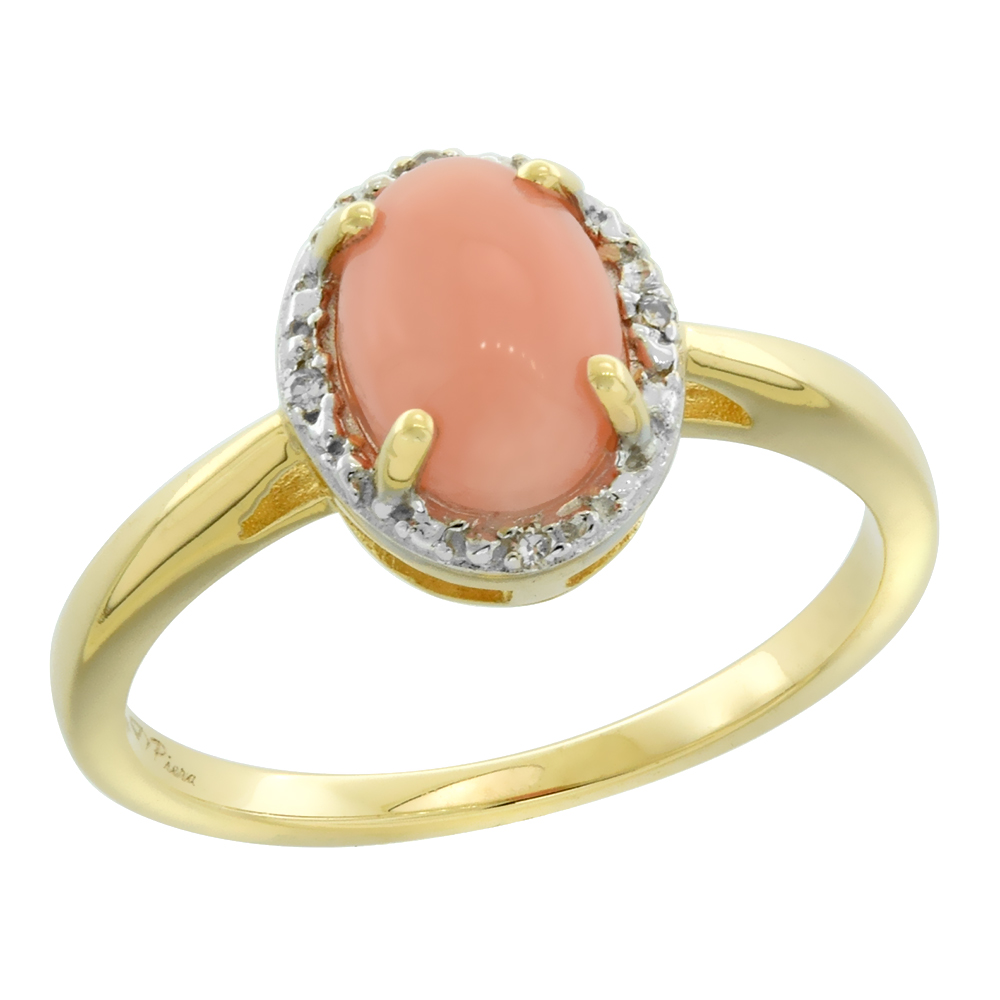 10K Yellow Gold Natural Coral Diamond Halo Ring Oval 8X6mm, sizes 5 10