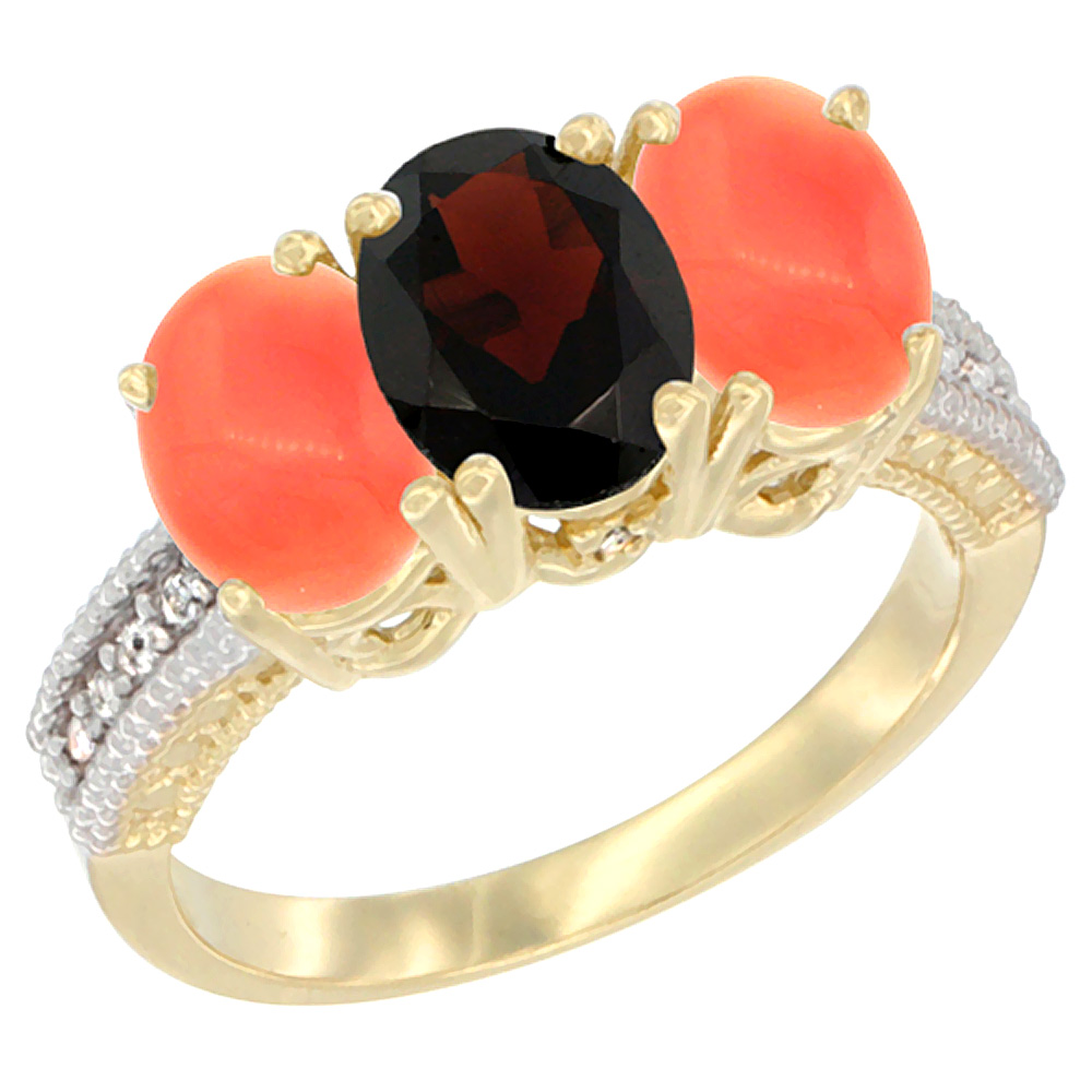 14K Yellow Gold Natural Garnet Ring with Coral 3-Stone 7x5 mm Oval Diamond Accent, sizes 5 - 10