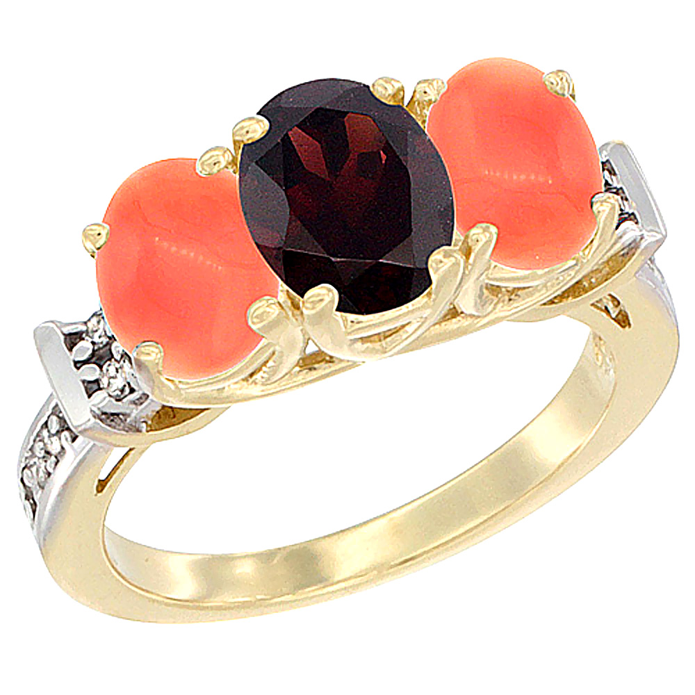 10K Yellow Gold Natural Garnet & Coral Sides Ring 3-Stone Oval Diamond Accent, sizes 5 - 10